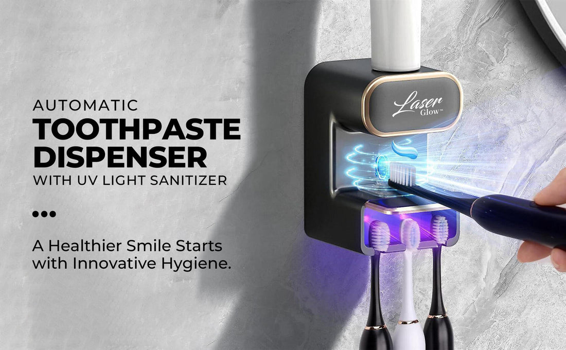 LaserGlow UV toothbrush sanitizer and toothpaste dispenser, a compact and sleek design for hygiene and convenience.