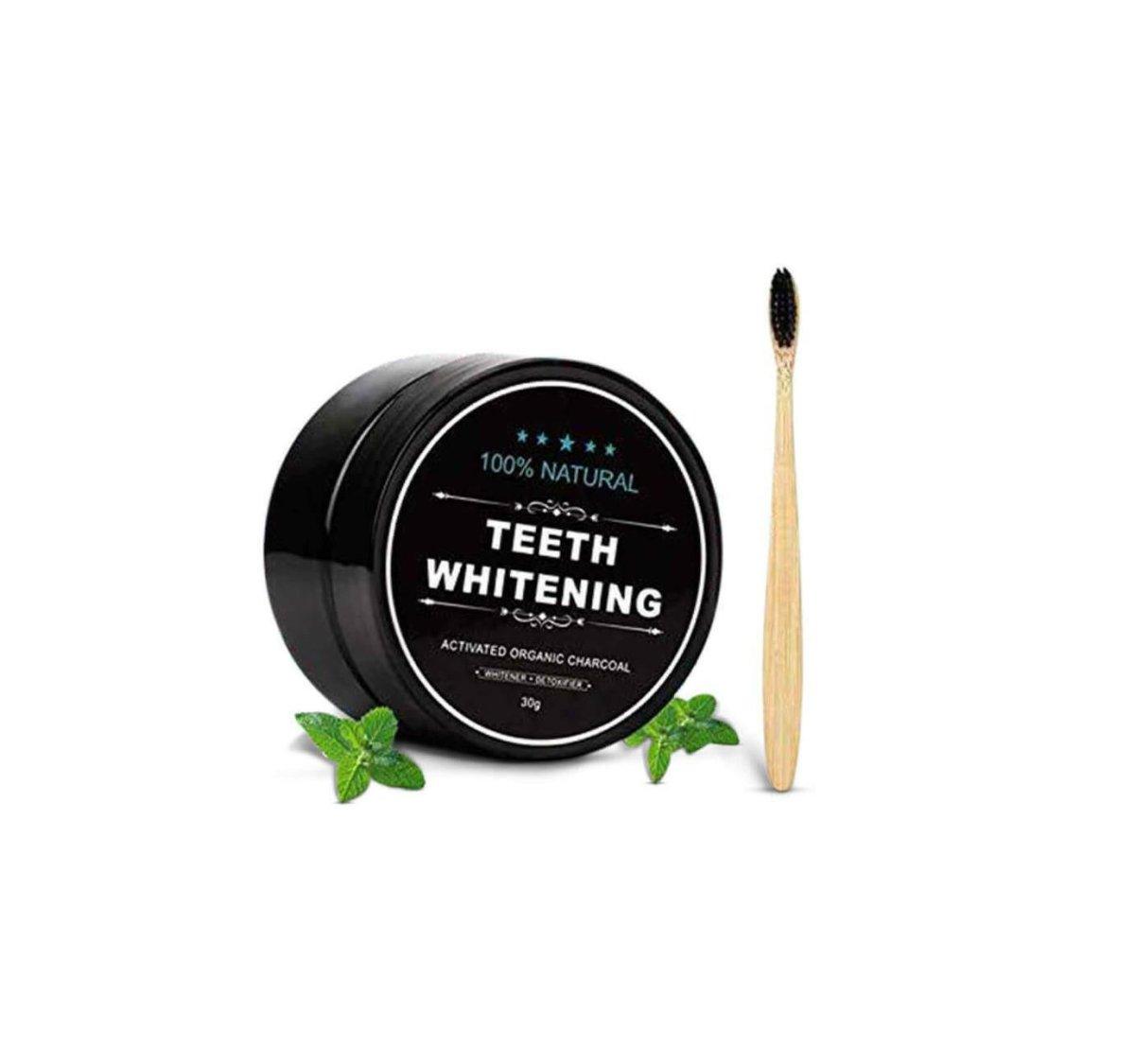 Teeth whitening powder by LaserGlow with activated charcoal for a brighter smile.