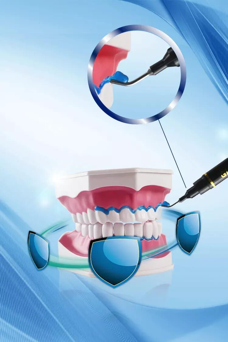 Close-up of LaserGlow gingival barrier gel on dental tray, highlighting precise application