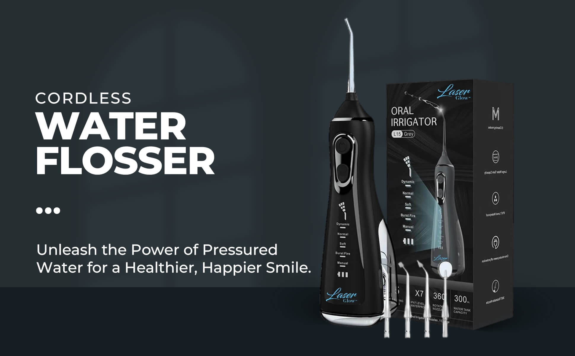 Rechargeable LaserGlow cordless water flosser for easy, on-the-go oral care.