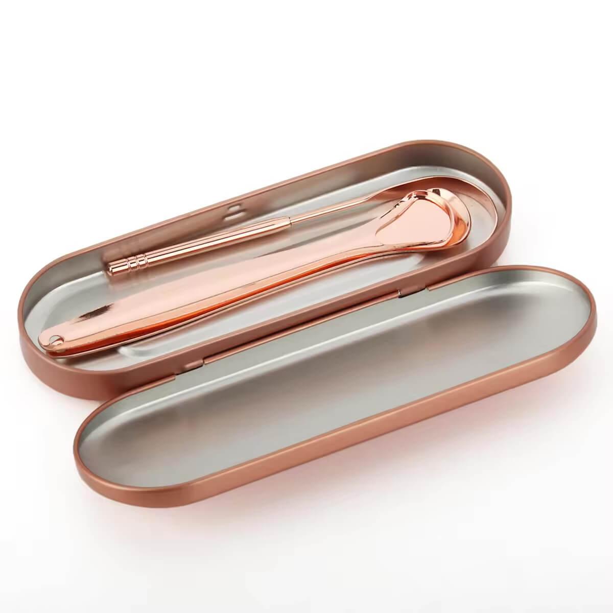 Premium LaserGlow rose gold tongue scraper set for fresh breath and a clean tongue.