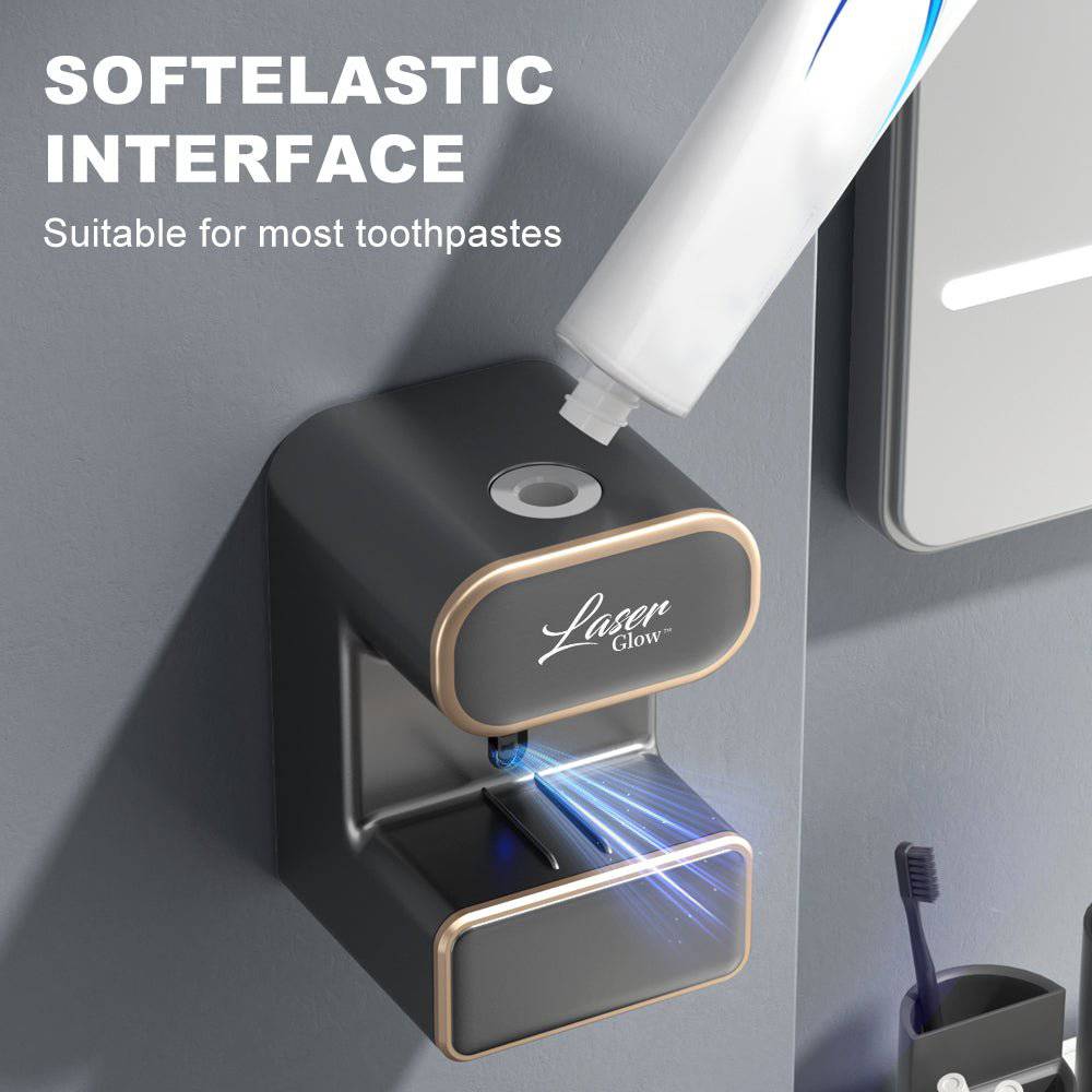 Hands-free LaserGlow toothpaste dispenser with UV light sanitizer for efficient oral care.