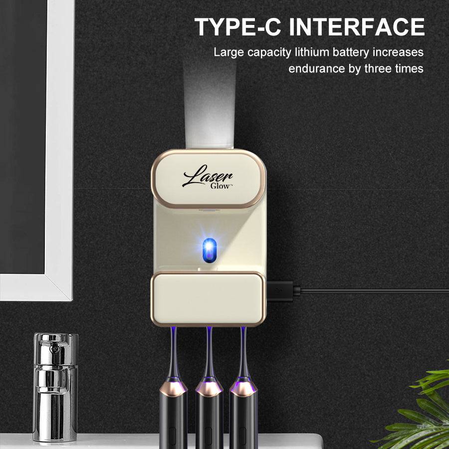 LaserGlow toothpaste dispenser with UV light sanitizer for convenient, germ-free dispensing.